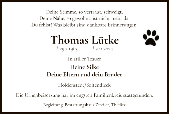 Traueranzeige von Thomas Lütke von UEL