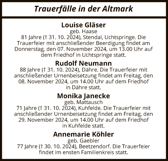 Traueranzeige von Totentafel vom 06.11.2024 von UEL