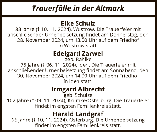 Traueranzeige von Totentafel vom 16.11.2024 von UEL