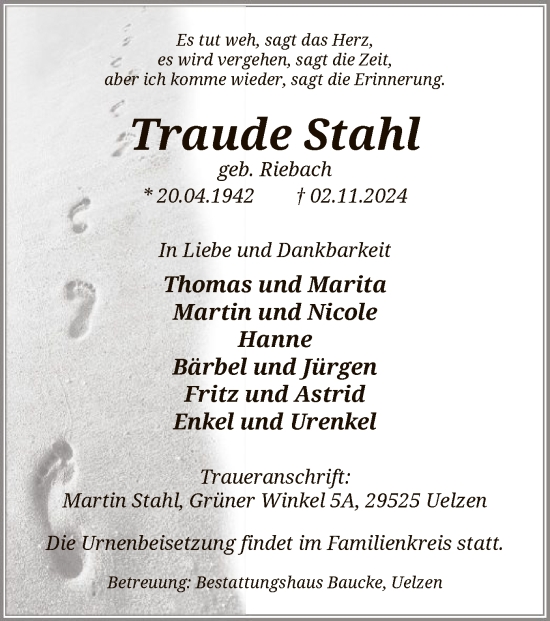 Traueranzeige von Traude Stahl von UEL