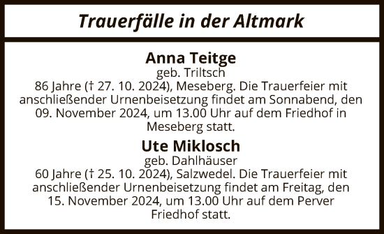 Traueranzeige von Trauerfälle  von UEL