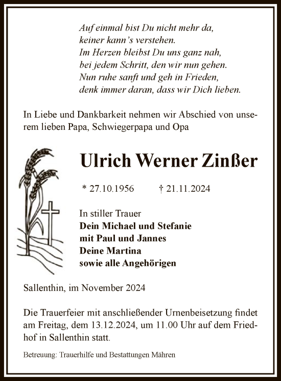 Traueranzeige von Ulrich Werner Zinßer von UEL