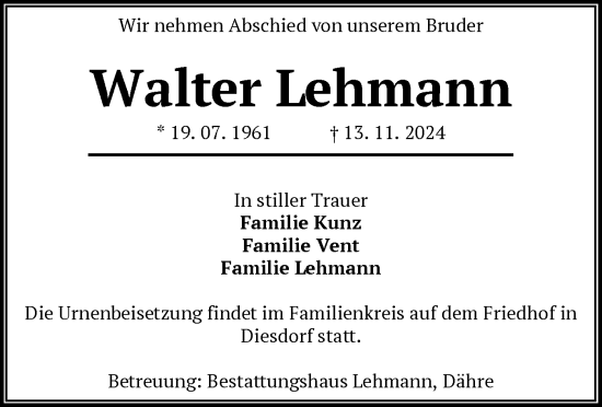 Traueranzeige von Walter Lehmann von UEL