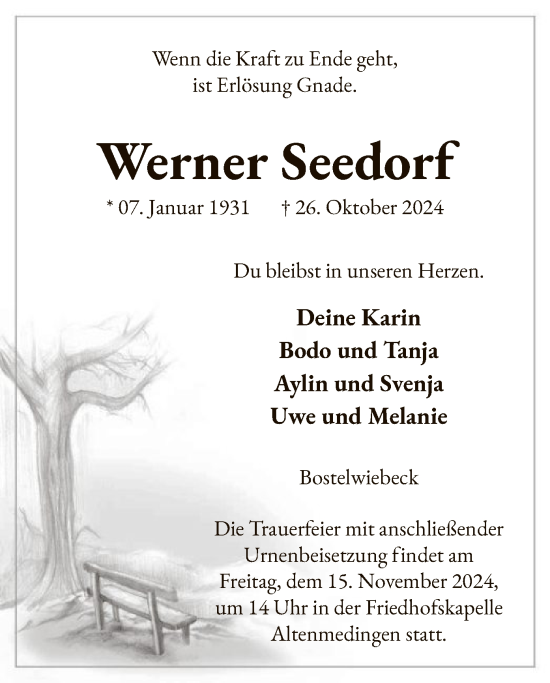 Traueranzeige von Werner Seedorf von UEL