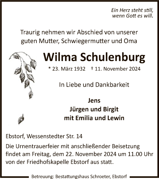 Traueranzeige von Wilma Schulenburg von UEL