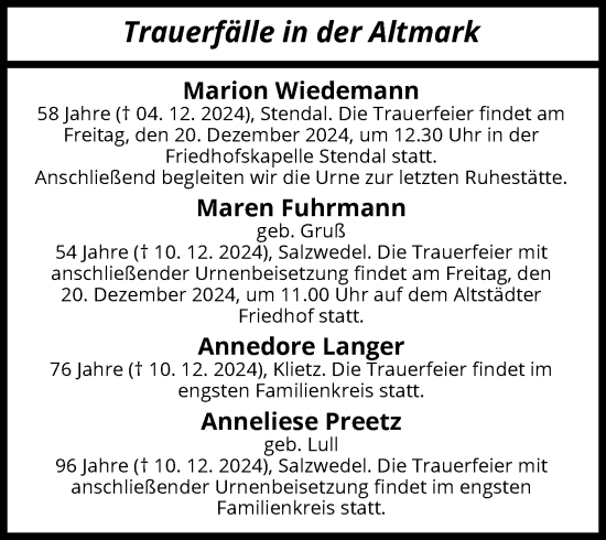 Traueranzeige von Trauerfälle  von UEL