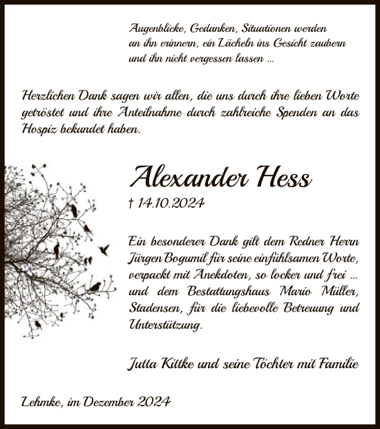 Traueranzeige von Alexander Hess von UEL