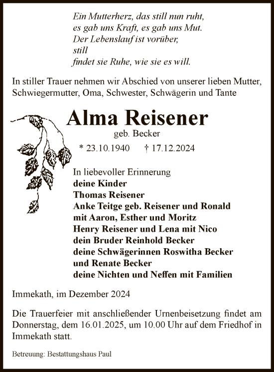 Traueranzeige von Alma Reisener von UEL