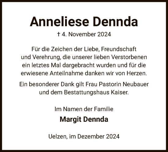 Traueranzeige von Anneliese Dennda von UEL