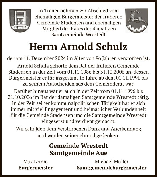 Traueranzeige von Arnold Schulz von UEL