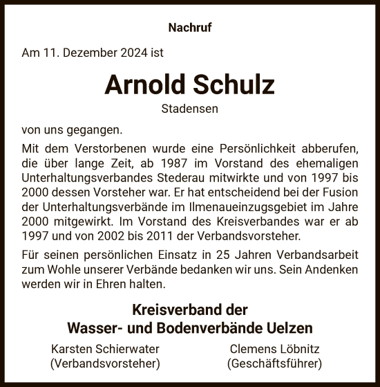 Traueranzeige von Arnold Schulz von UEL