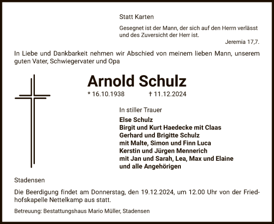 Traueranzeige von Arnold Schulz von UEL