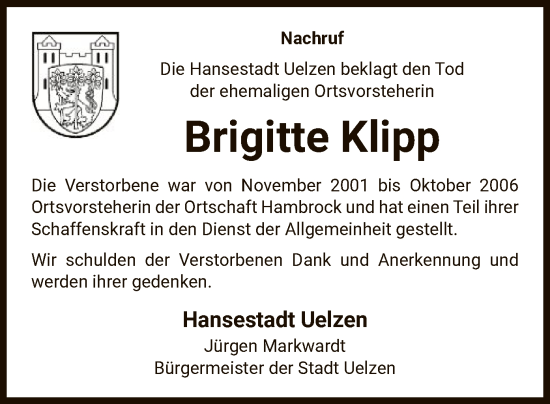 Traueranzeige von Brigitte Klipp von UEL