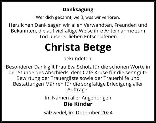 Traueranzeige von Christa Betge von UEL