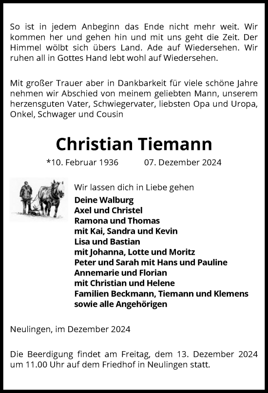 Traueranzeige von Christian Tiemann von UEL