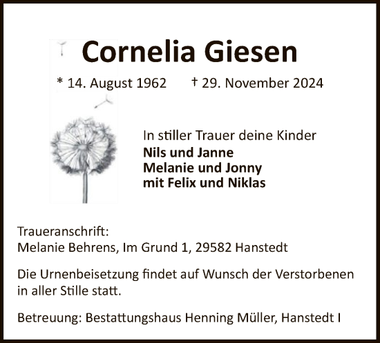 Traueranzeige von Cornelia Giesen von UEL