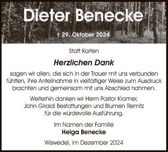 Traueranzeige von Dieter Benecke von UEL