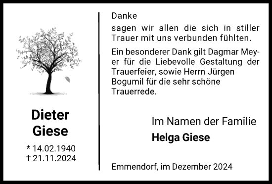 Traueranzeige von Dieter Giese von UEL