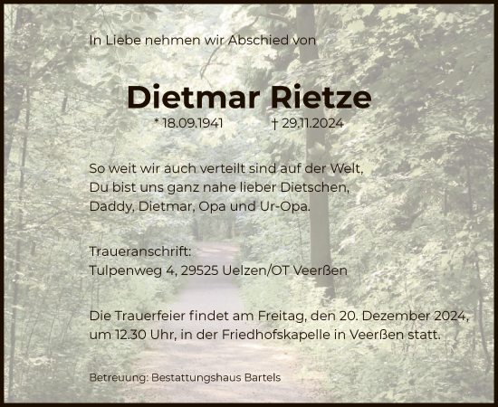 Traueranzeige von Dietmar Rietze von UEL