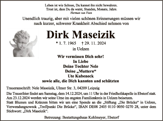 Traueranzeige von Dirk Maseizik von UEL