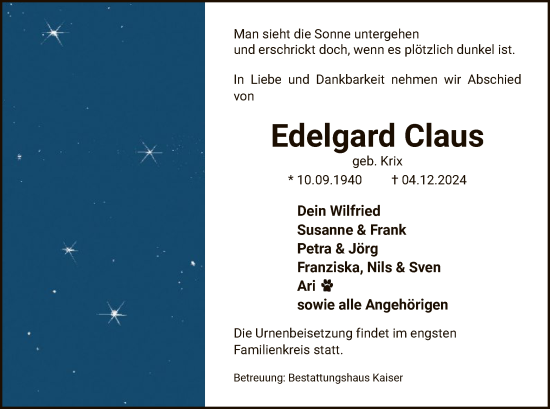 Traueranzeige von Edelgard Claus von UEL