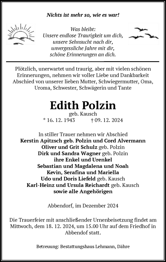 Traueranzeige von Edith Polzin von UEL