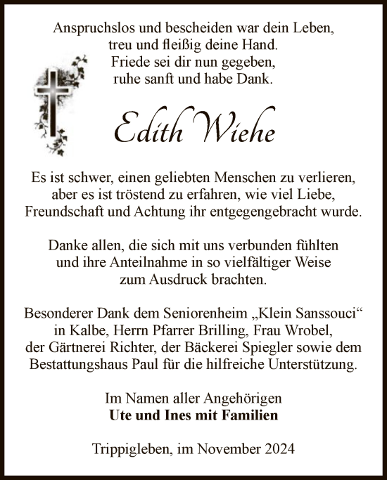 Traueranzeige von Edith Wiehe von UEL