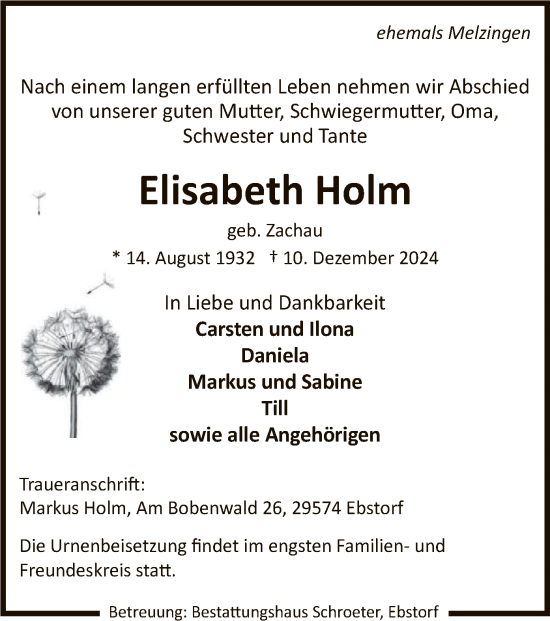 Traueranzeige von Elisabeth Holm von UEL