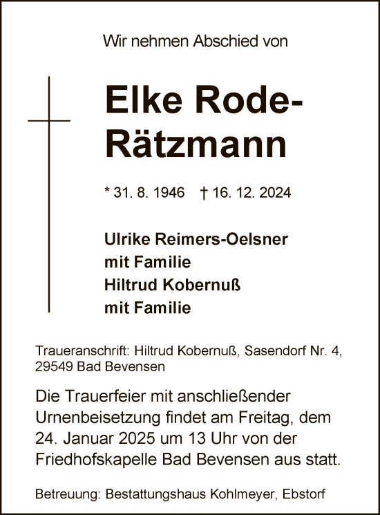 Traueranzeige von Elke Rode-Rätzmann von UEL