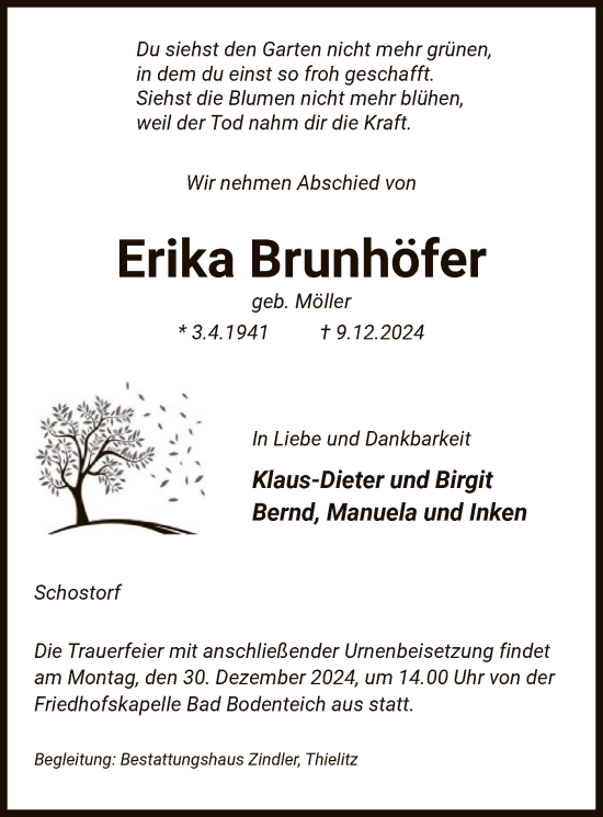 Traueranzeige von Erika Brunhöfer von UEL