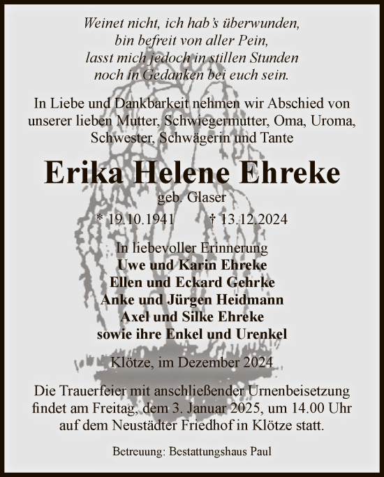 Traueranzeige von Erika Helene Ehreke von UEL