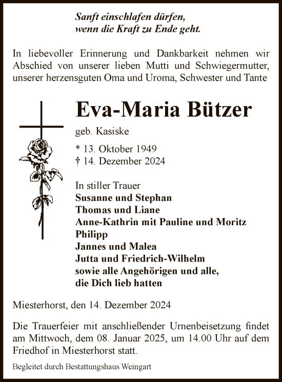 Traueranzeige von Eva-Maria Bützer von UEL