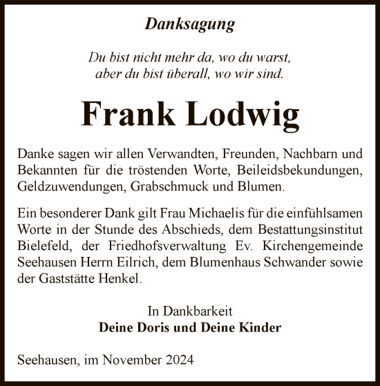 Traueranzeige von Frank Lodwig von UEL