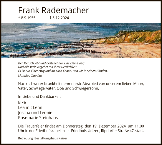 Traueranzeige von Frank Rademacher von UEL