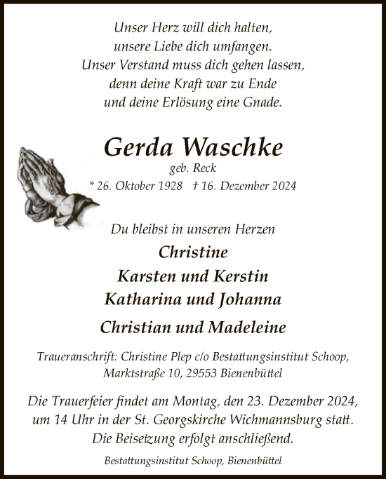 Traueranzeige von Gerda Waschke von UEL