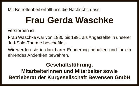 Traueranzeige von Gerda Waschke von UEL