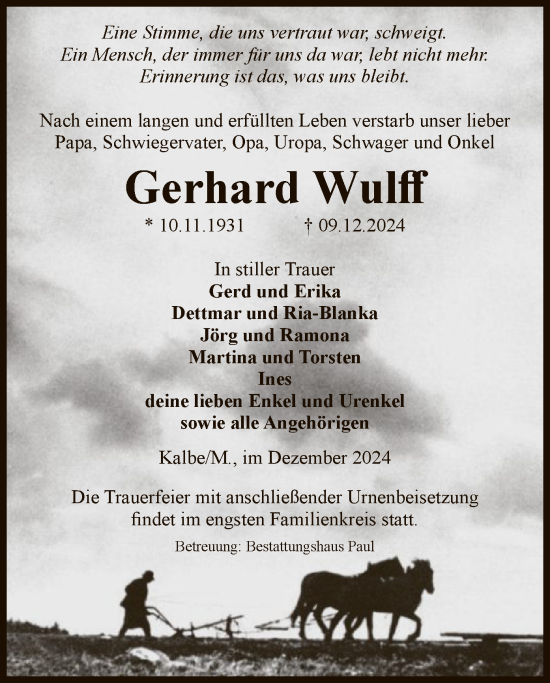 Traueranzeige von Gerhard Wulff von UEL