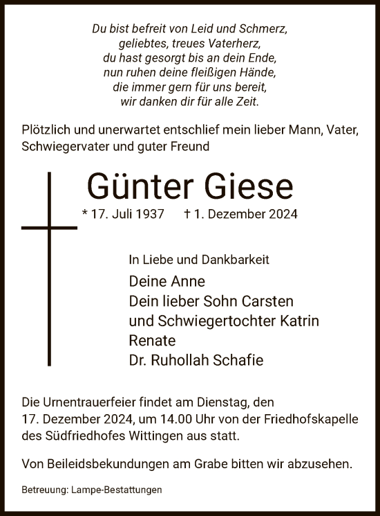 Traueranzeige von Günter Giese von UEL