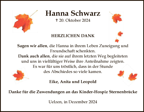 Traueranzeige von Hanna Schwarz von UEL