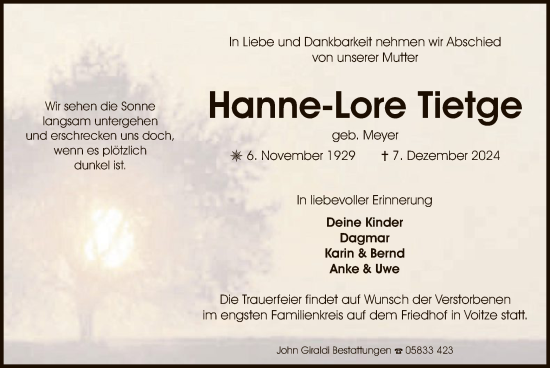 Traueranzeige von Hanne-Lore Tietge von UEL