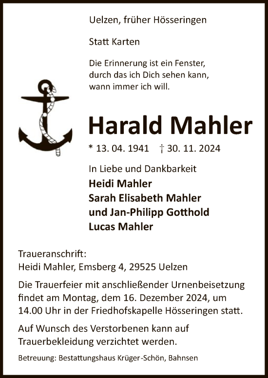 Traueranzeige von Harald Mahler von UEL