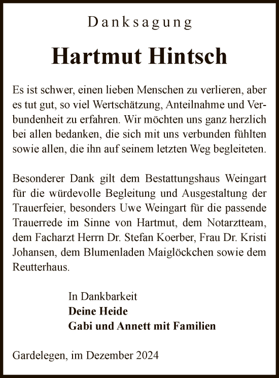 Traueranzeige von Hartmut Hintsch von UEL