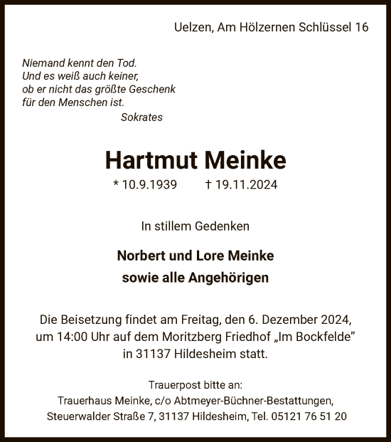 Traueranzeige von Hartmut Meinke von UEL