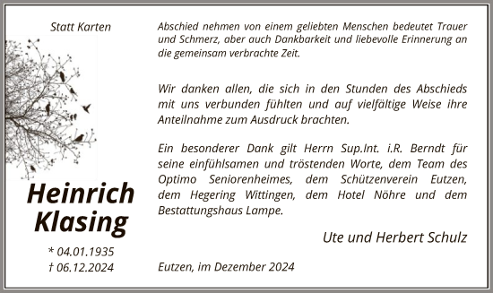Traueranzeige von Heinrich Klasing von UEL