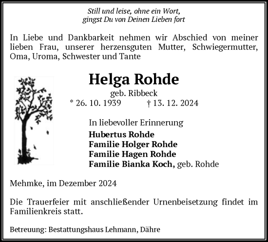 Traueranzeige von Helga Rohde von UEL