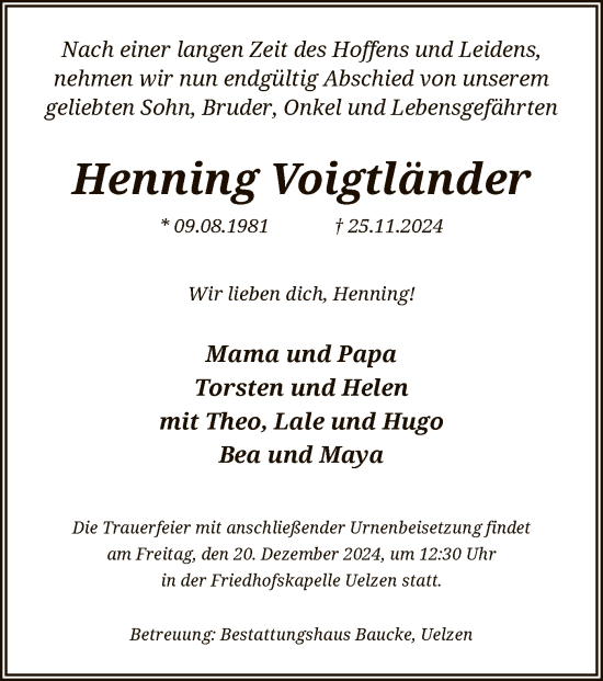 Traueranzeige von Henning Voigtländer von UEL