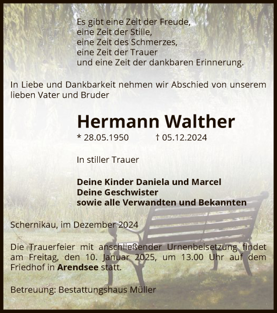 Traueranzeige von Hermann Walther von UEL