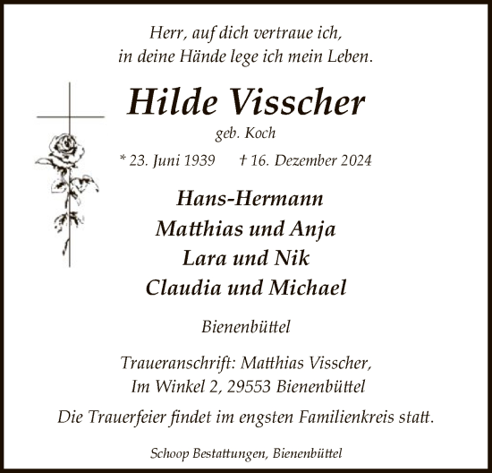 Traueranzeige von Hilde Visscher von UEL