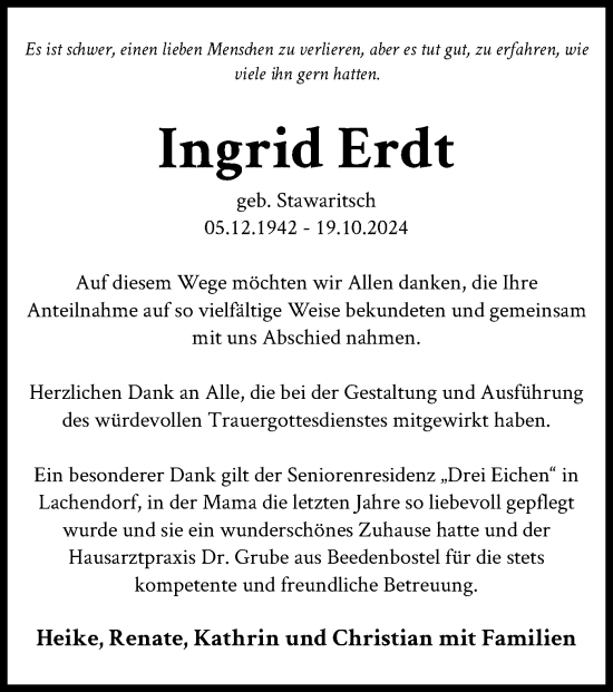 Traueranzeige von Ingrid Erdt von UEL