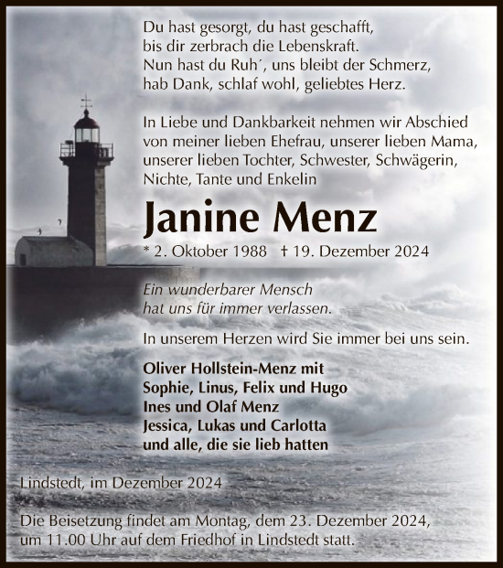 Traueranzeige von Janine Menz von UEL